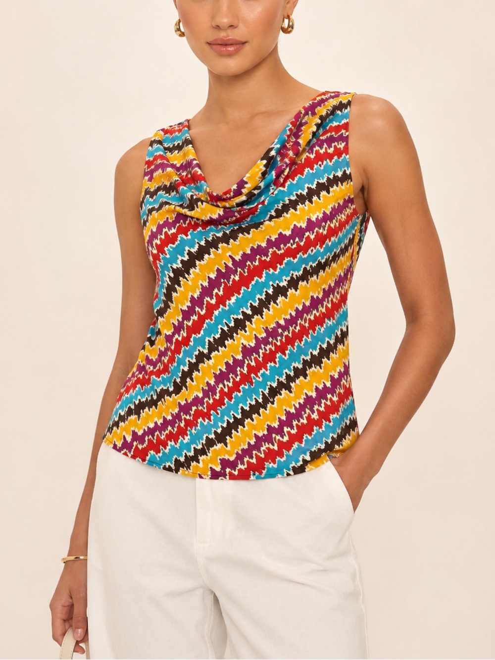 Trina Turk 100% Silk Cowl Neck Sleeveless Blouse Top Multicolor Print Dopamine